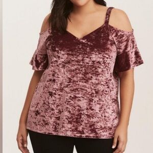 Torrid blouse crushed velvet cold shoulder top plum or burgundy pinkish size 1